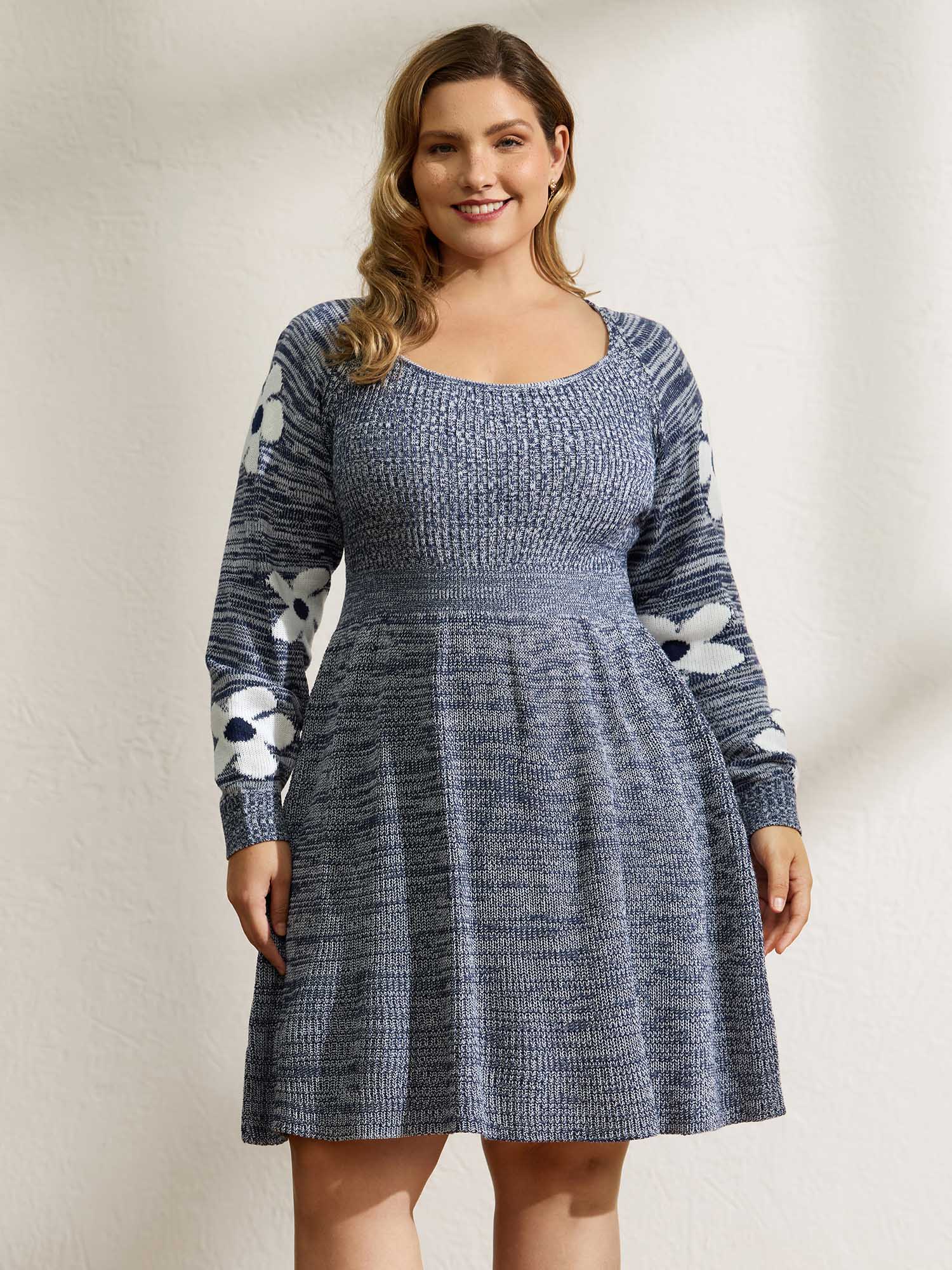 Floral Jacquard Print Mixed Yarn Knit Midi Dress - Image 3
