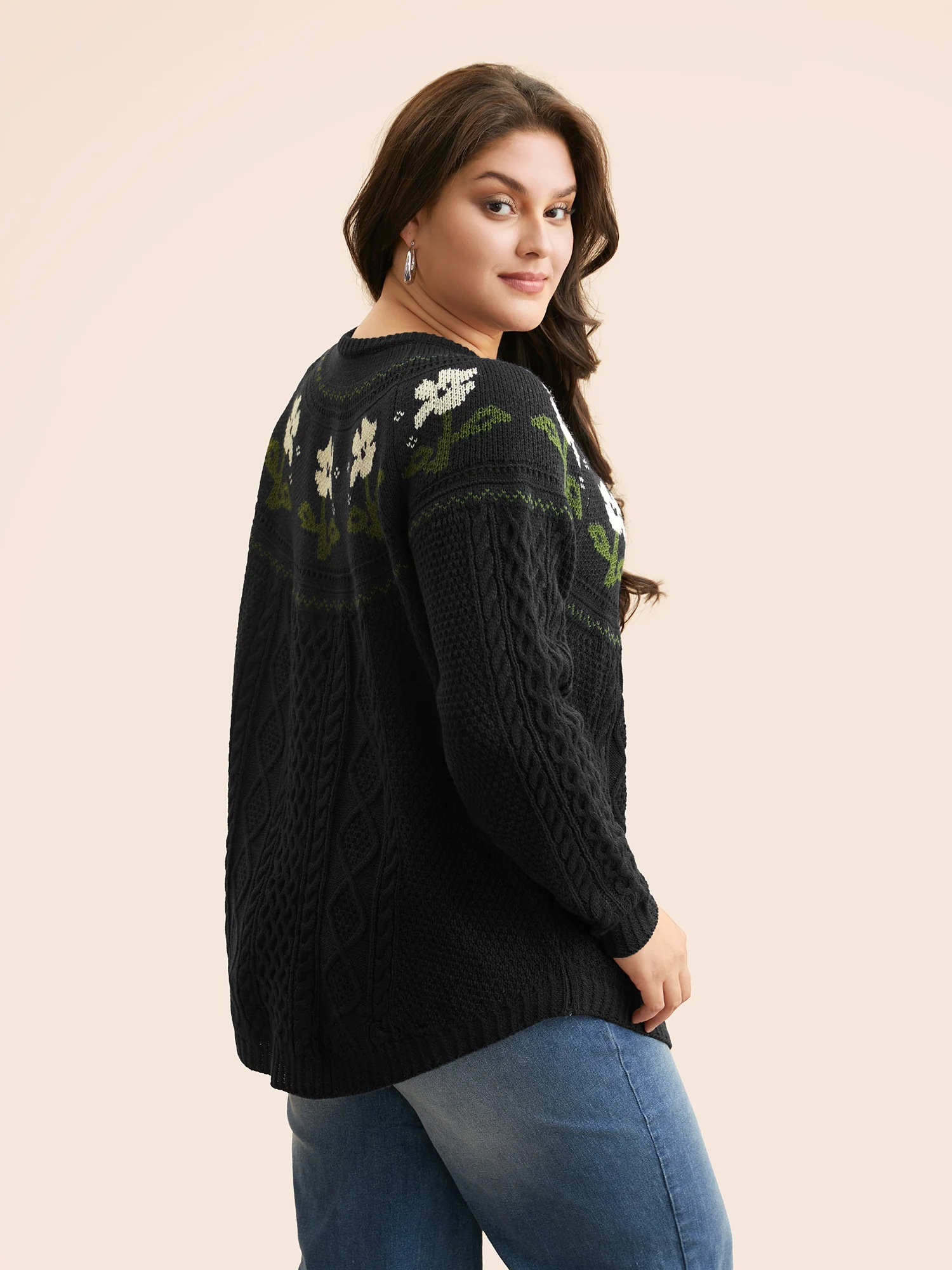 Floral Jacquard Raglan Sleeve Pullover - Image 10
