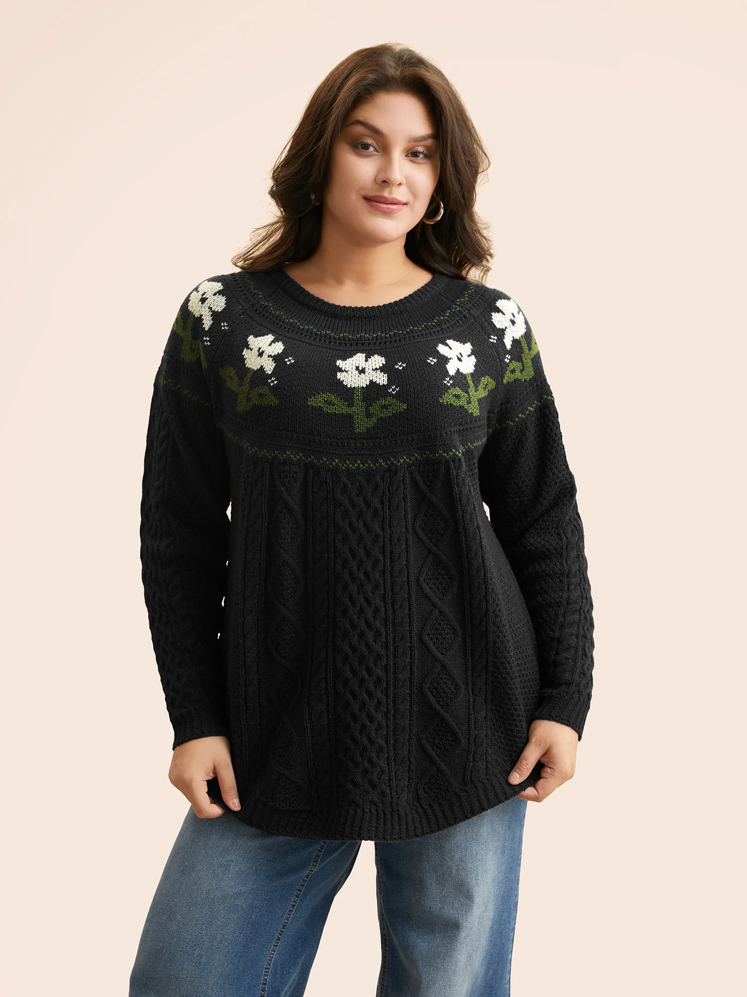 Floral Jacquard Raglan Sleeve Pullover - Image 11