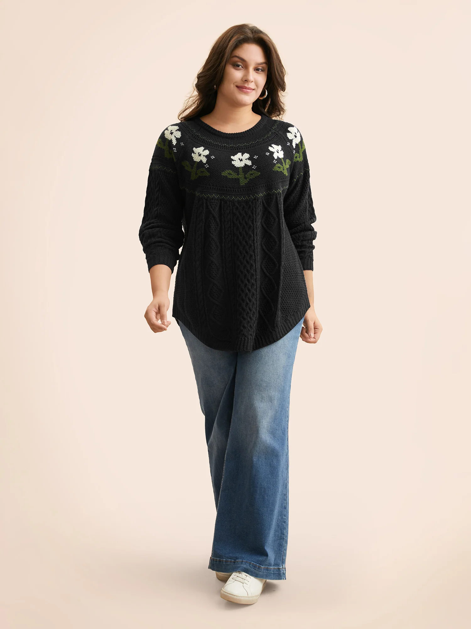 Floral Jacquard Raglan Sleeve Pullover - Image 12