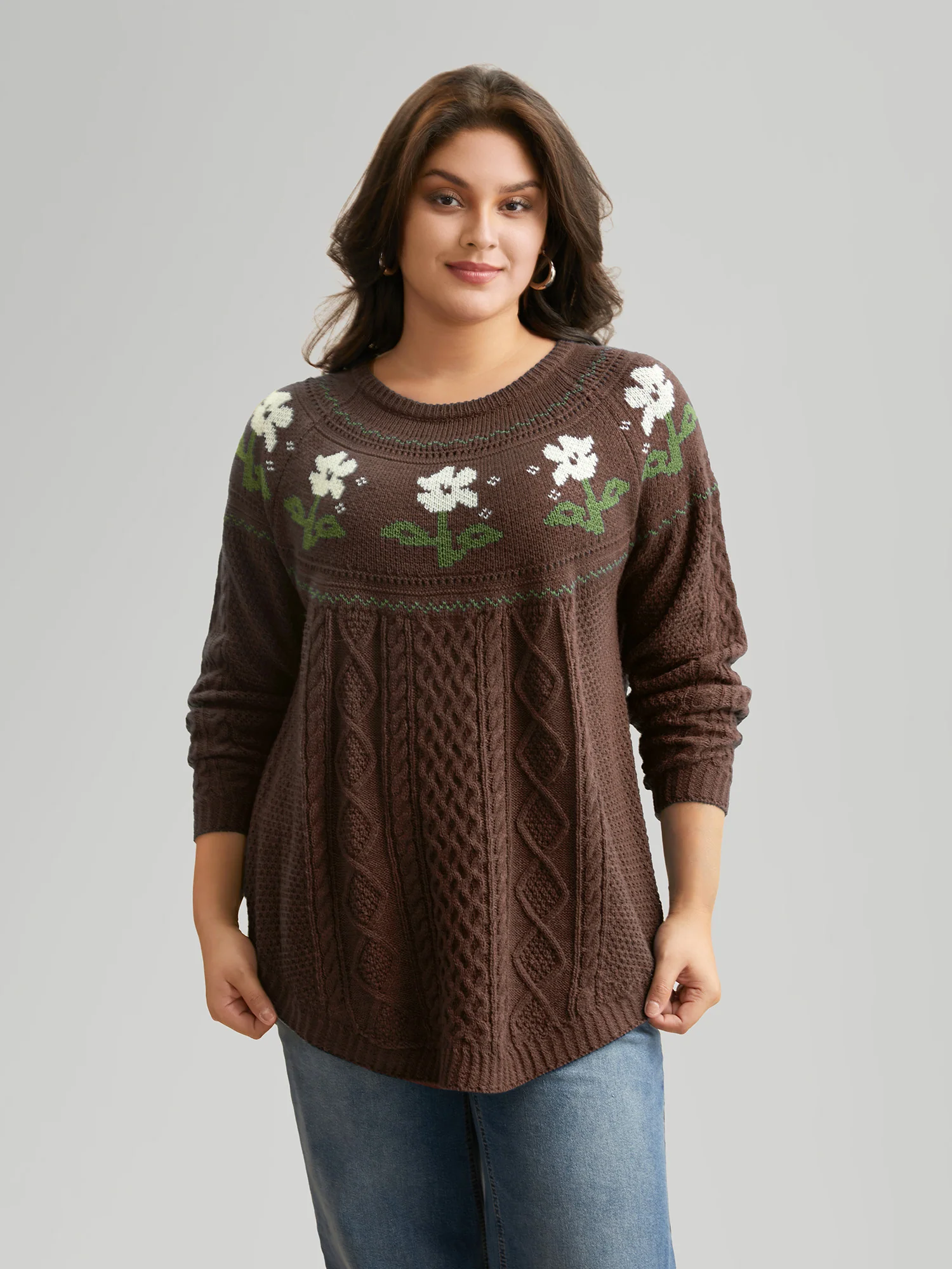 Floral Jacquard Raglan Sleeve Pullover - Image 14