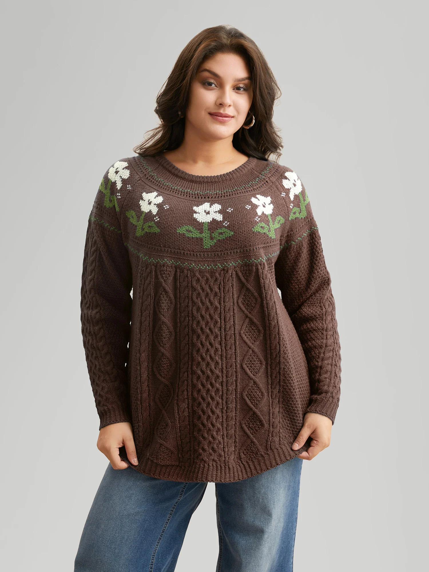 Floral Jacquard Raglan Sleeve Pullover - Image 17