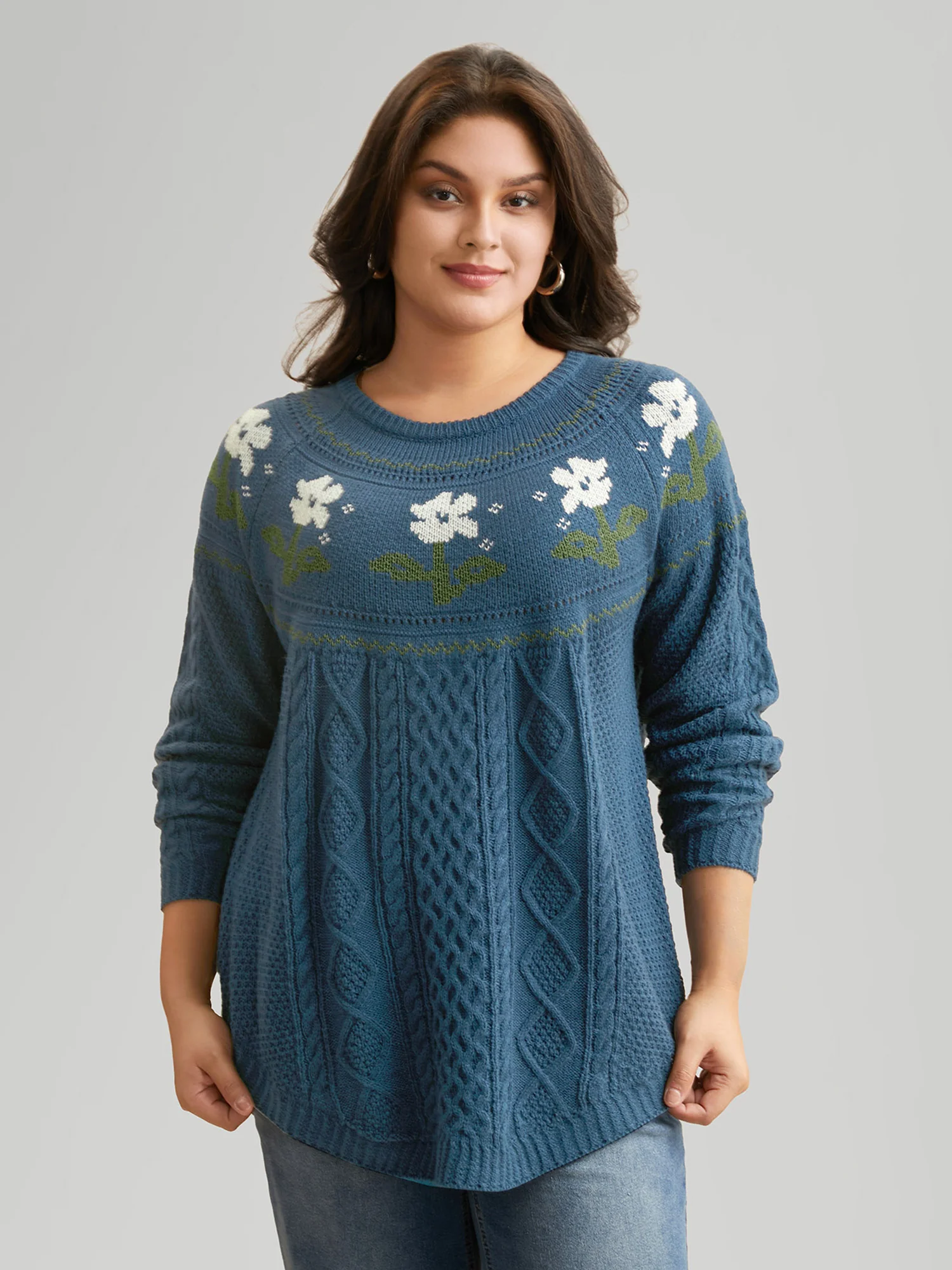 Floral Jacquard Raglan Sleeve Pullover - Image 21