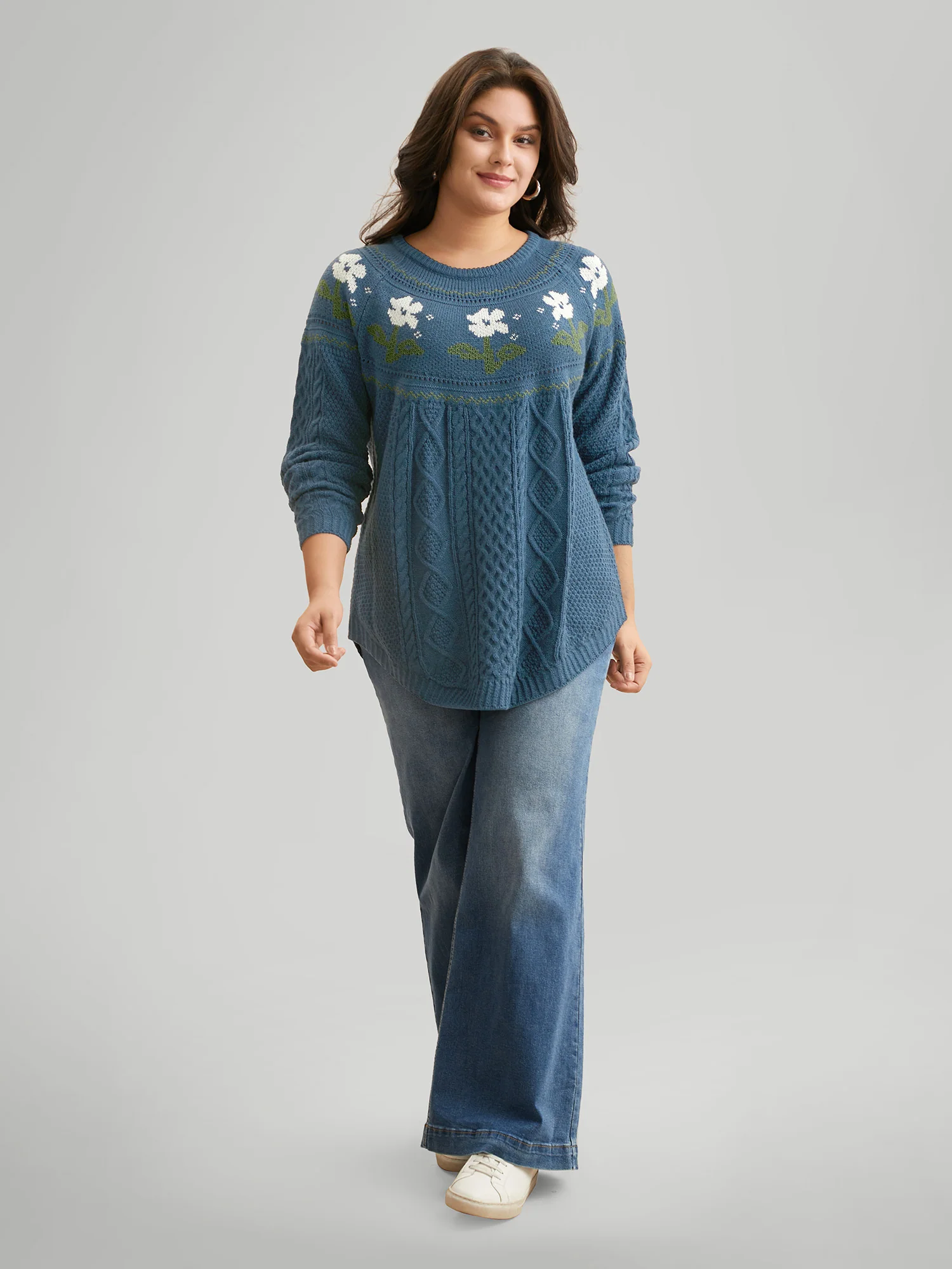Floral Jacquard Raglan Sleeve Pullover - Image 22