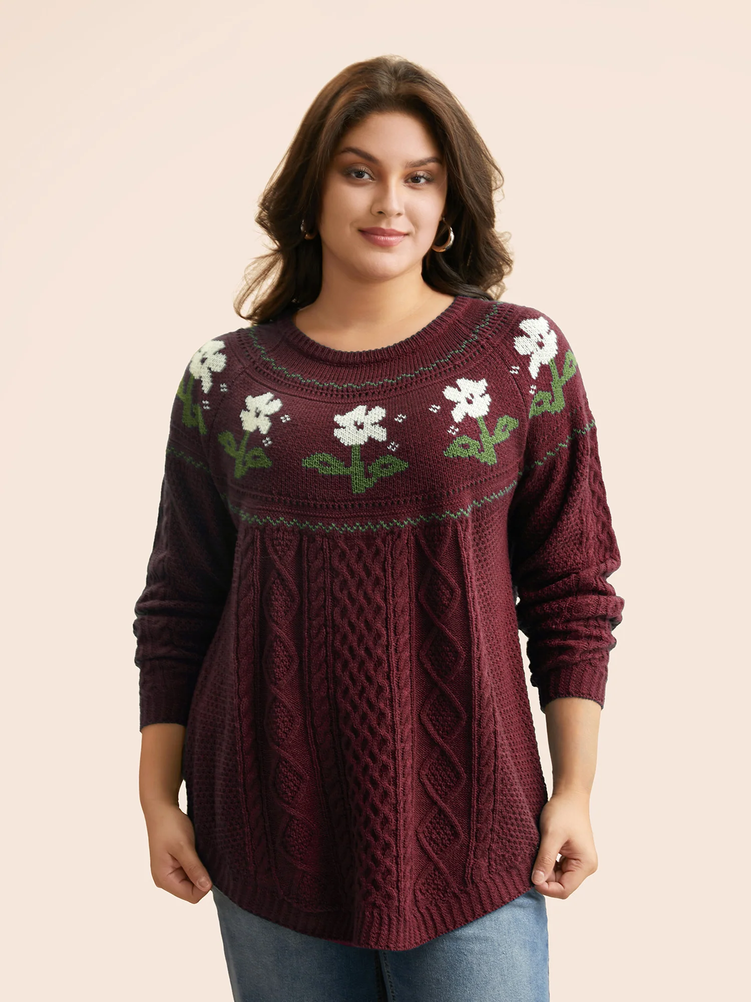 Floral Jacquard Raglan Sleeve Pullover - Image 24