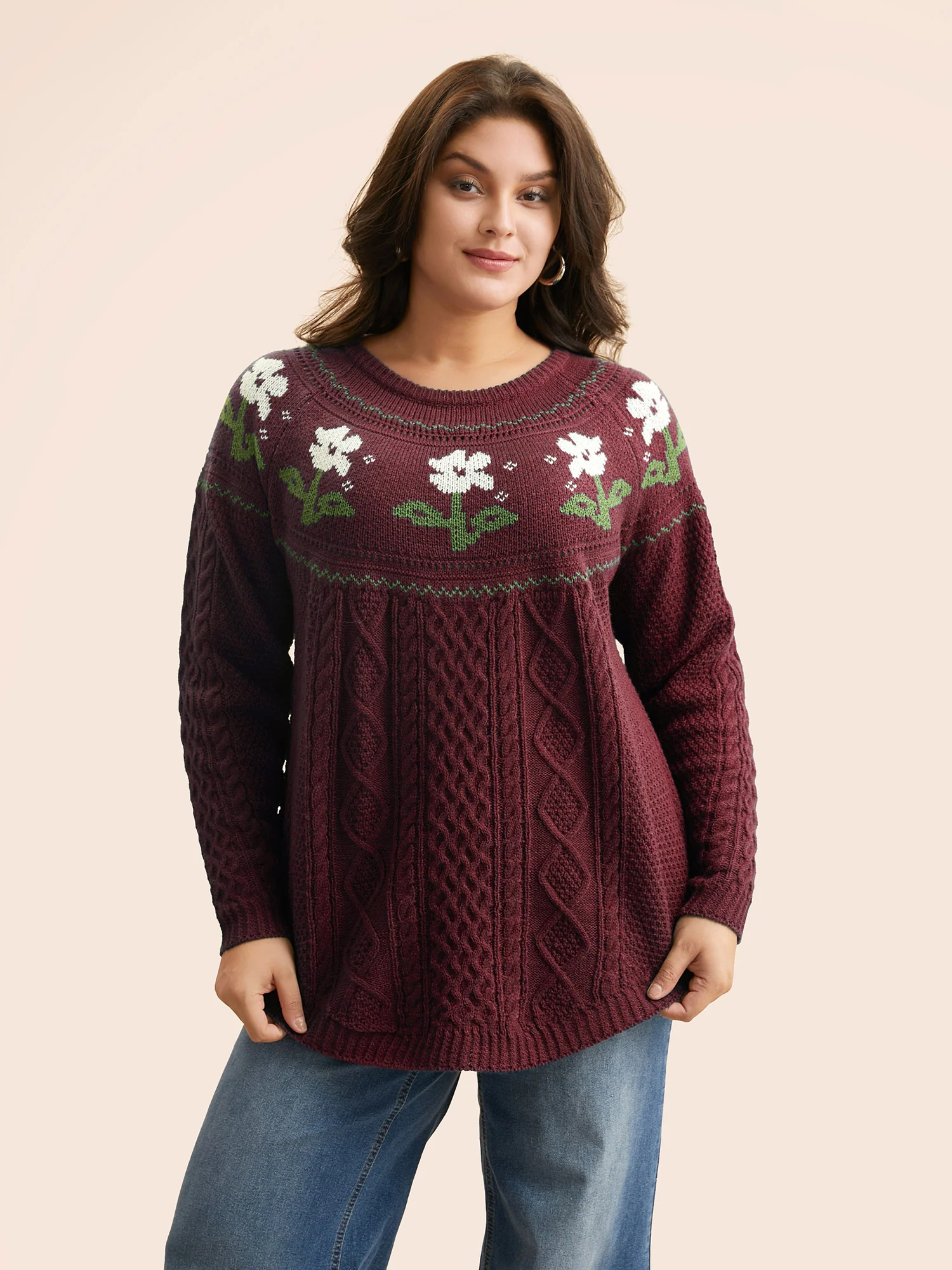 Floral Jacquard Raglan Sleeve Pullover - Image 26