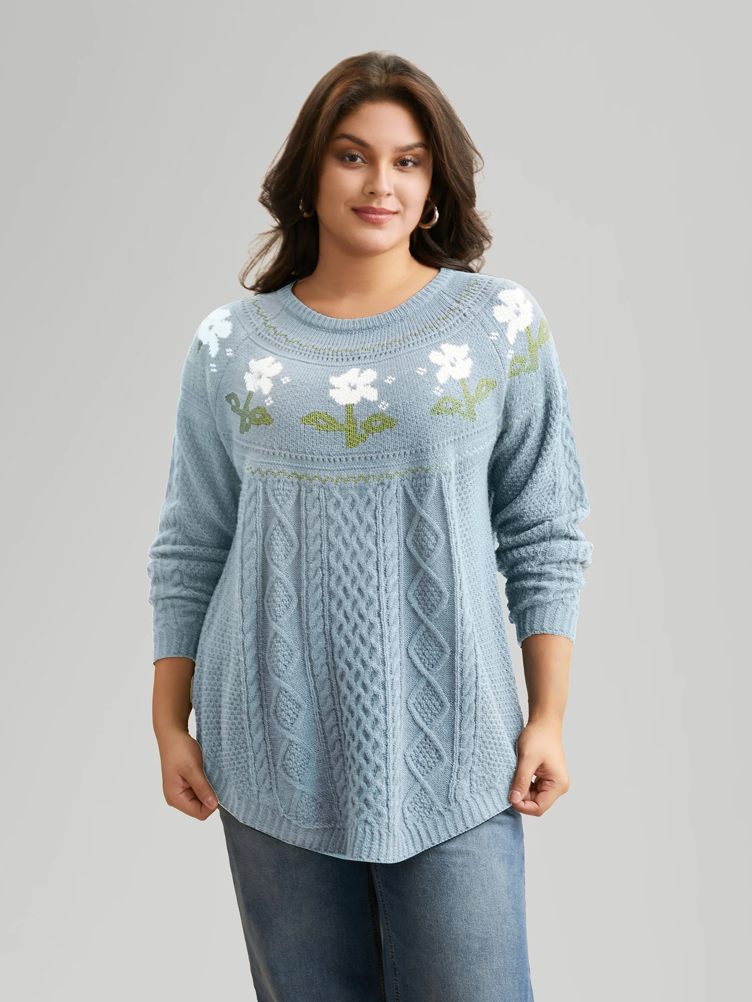 Floral Jacquard Raglan Sleeve Pullover - Image 29