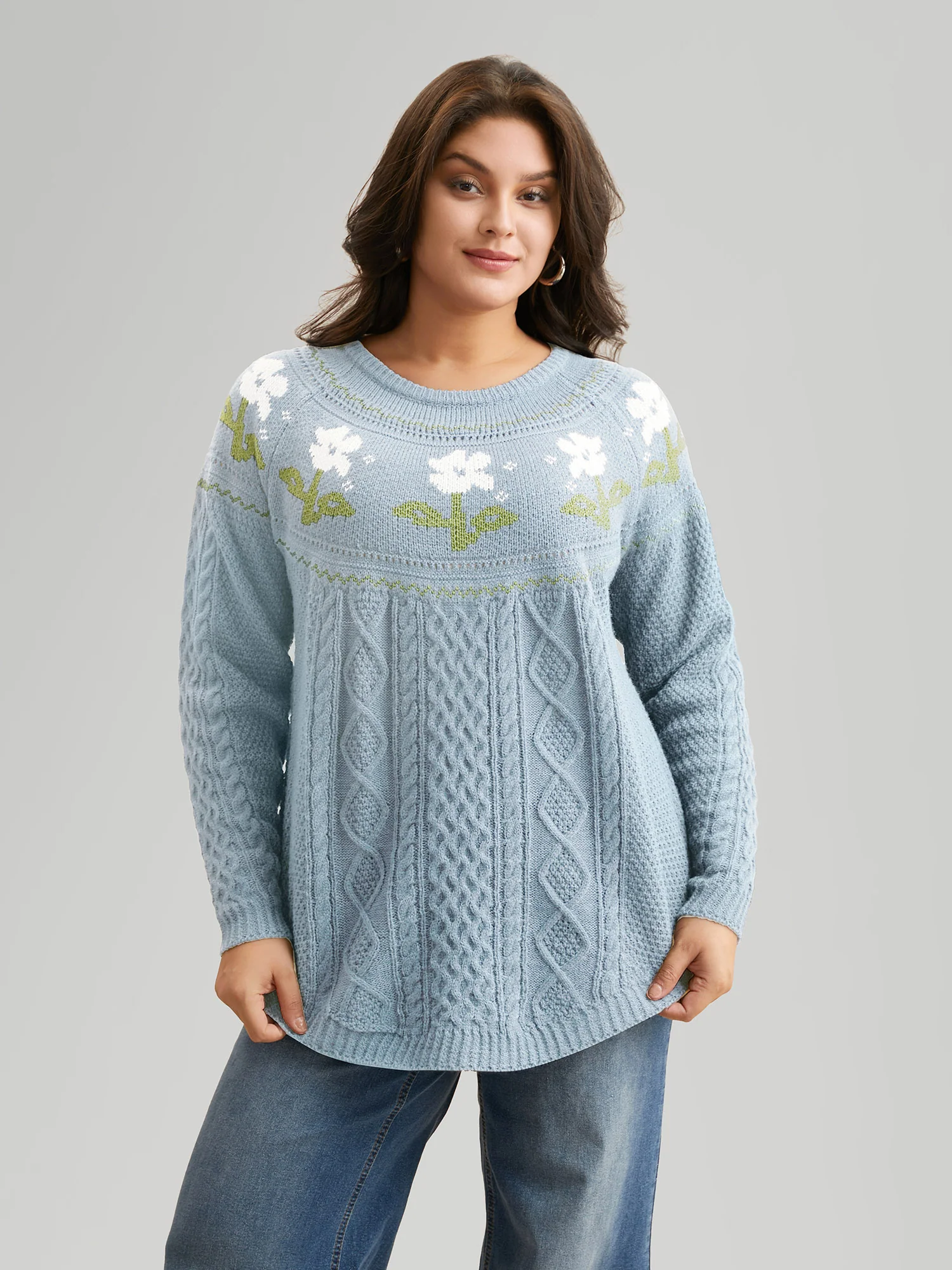 Floral Jacquard Raglan Sleeve Pullover - Image 31