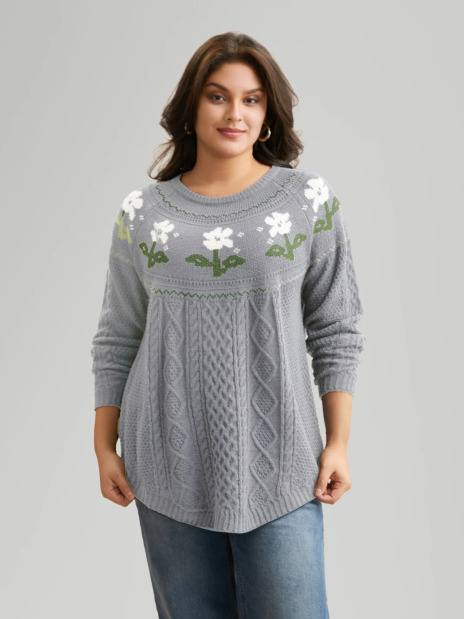 Floral Jacquard Raglan Sleeve Pullover - Image 34