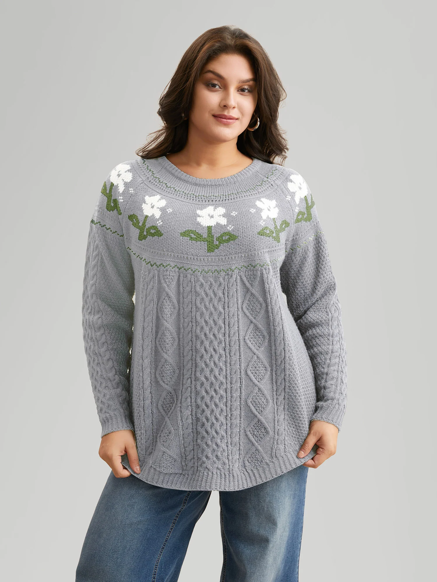 Floral Jacquard Raglan Sleeve Pullover - Image 36