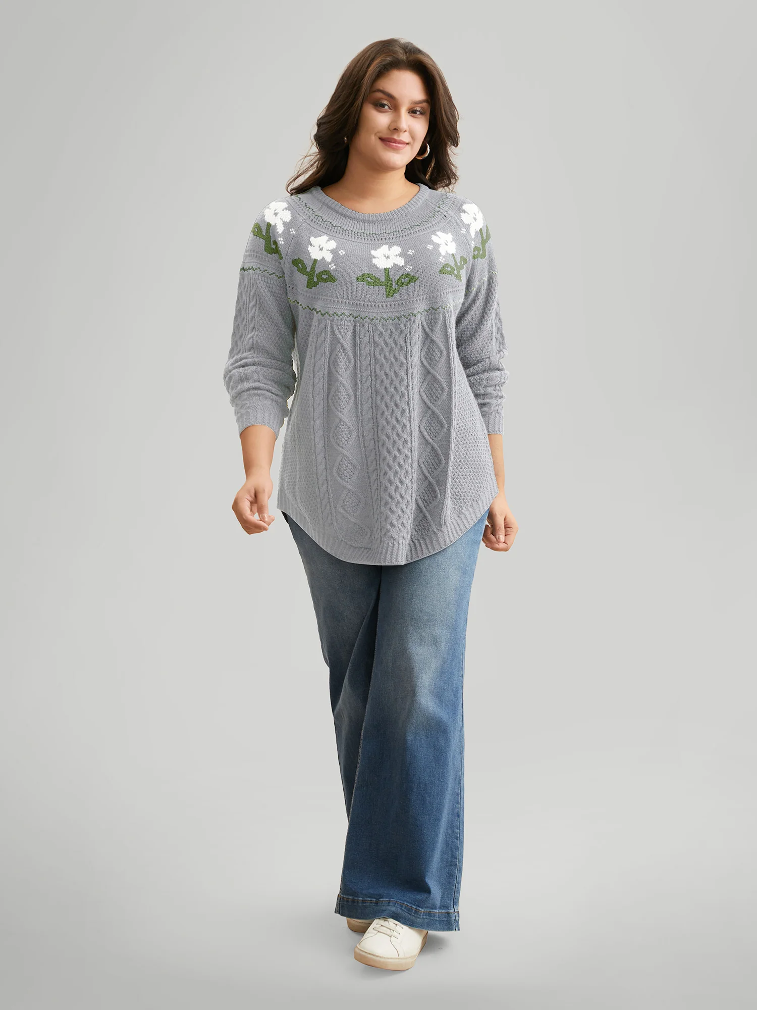 Floral Jacquard Raglan Sleeve Pullover - Image 37