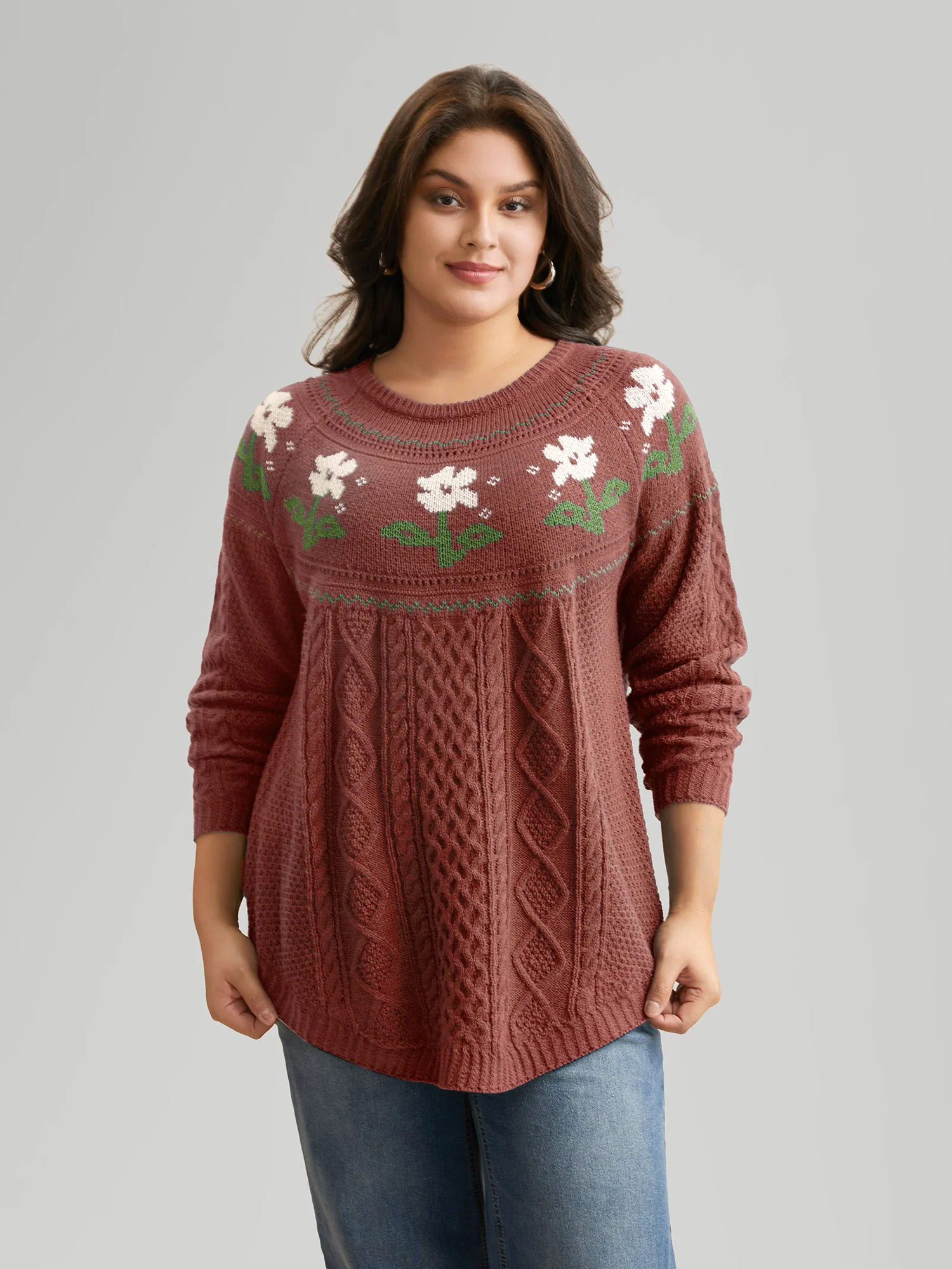 Floral Jacquard Raglan Sleeve Pullover - Image 39