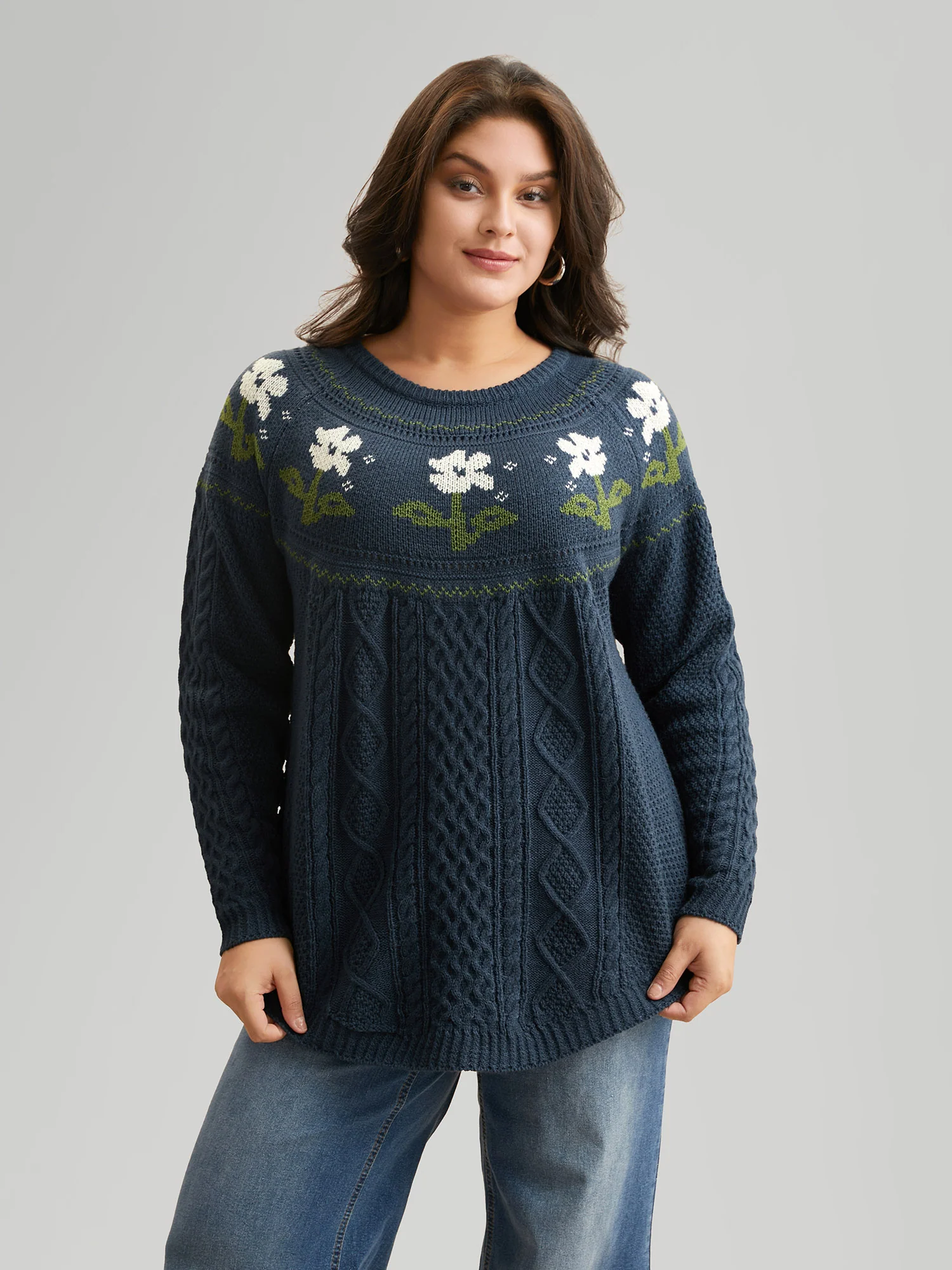 Floral Jacquard Raglan Sleeve Pullover - Image 4