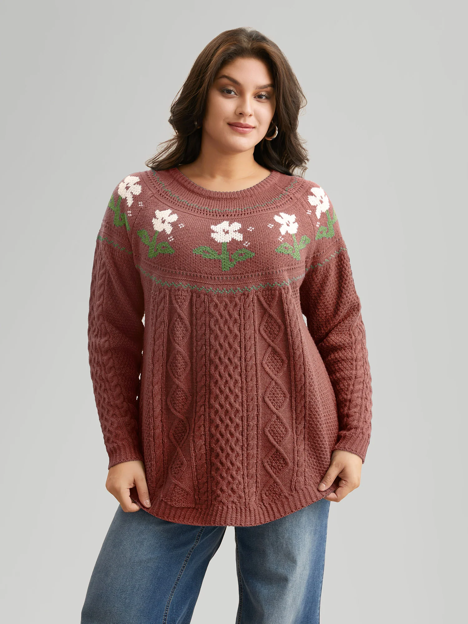 Floral Jacquard Raglan Sleeve Pullover - Image 41