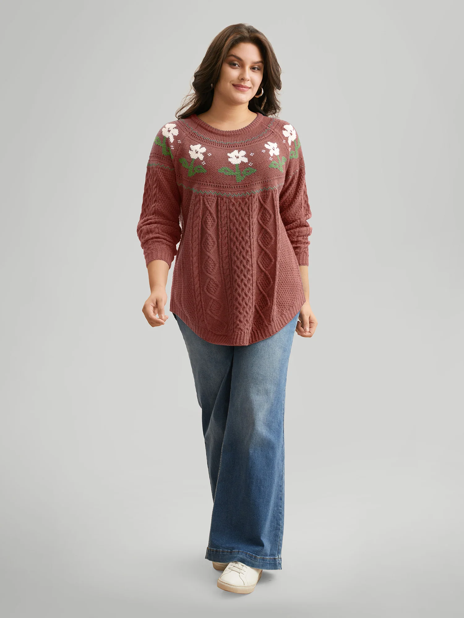 Floral Jacquard Raglan Sleeve Pullover - Image 42