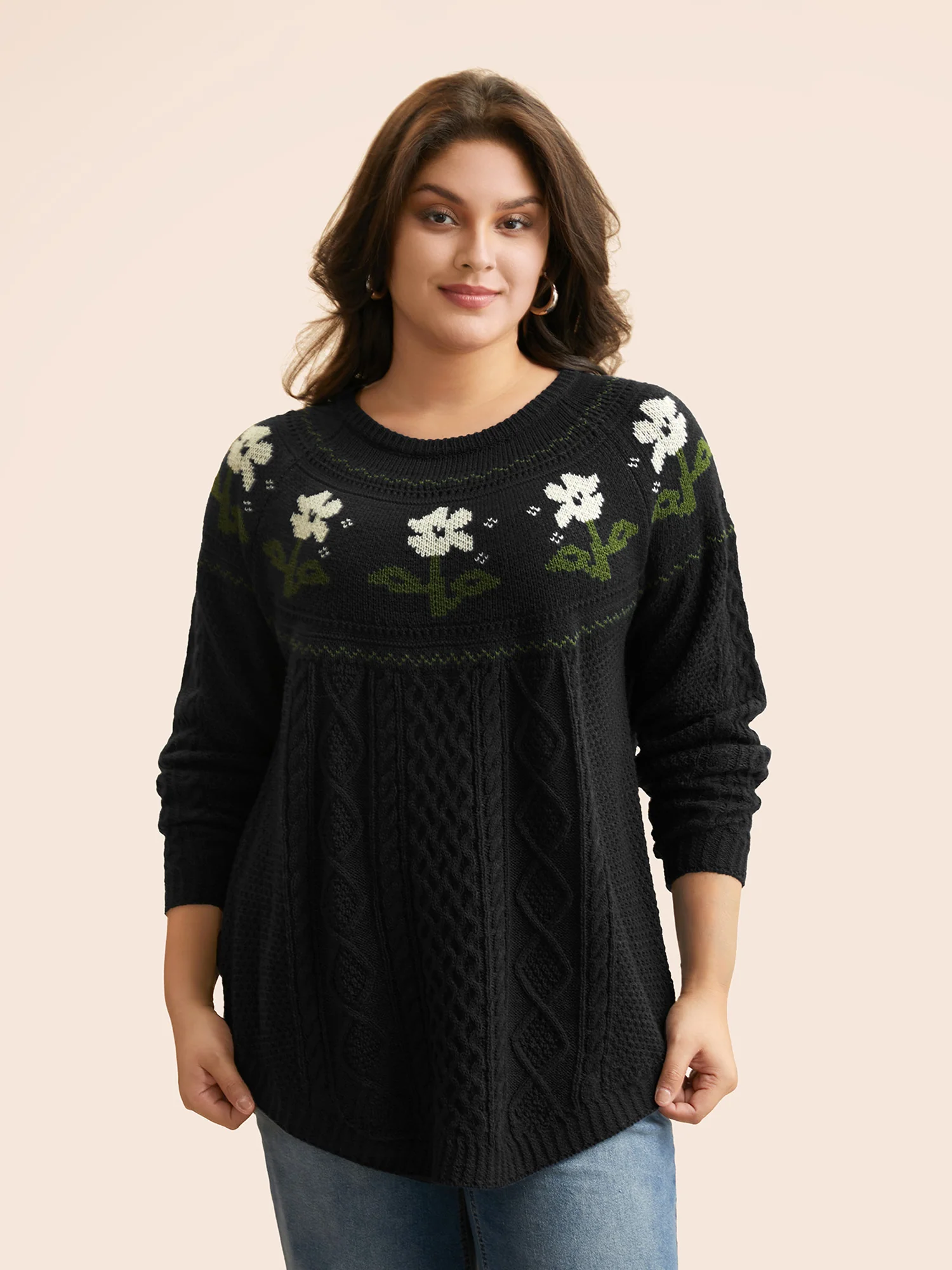 Floral Jacquard Raglan Sleeve Pullover - Image 9