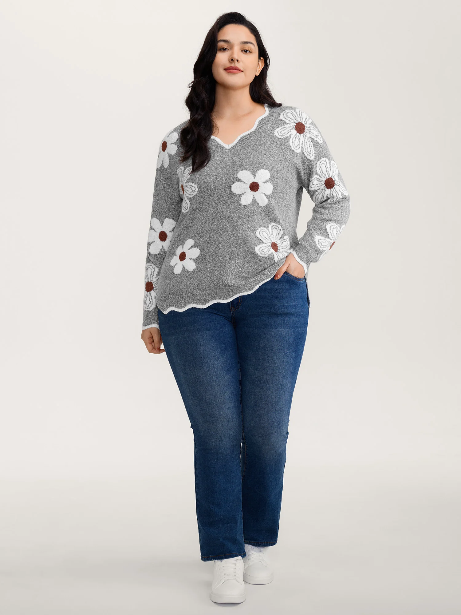 Floral Jacquard Wavy Edge Pullover - Image 3