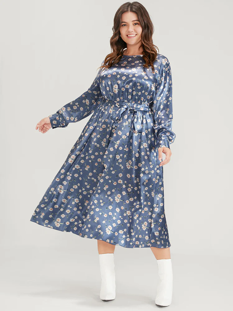 Floral Keyhole Back Pocket Belted Satin Midi Dress - Image 3