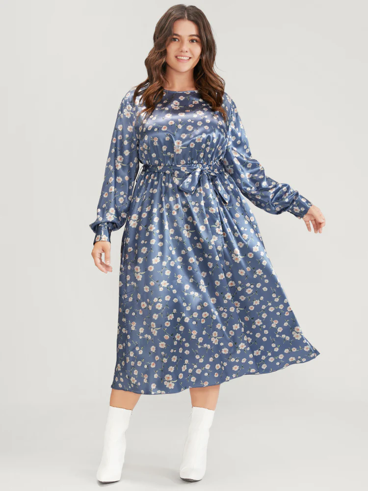 Floral Keyhole Back Pocket Belted Satin Midi Dress - Image 4