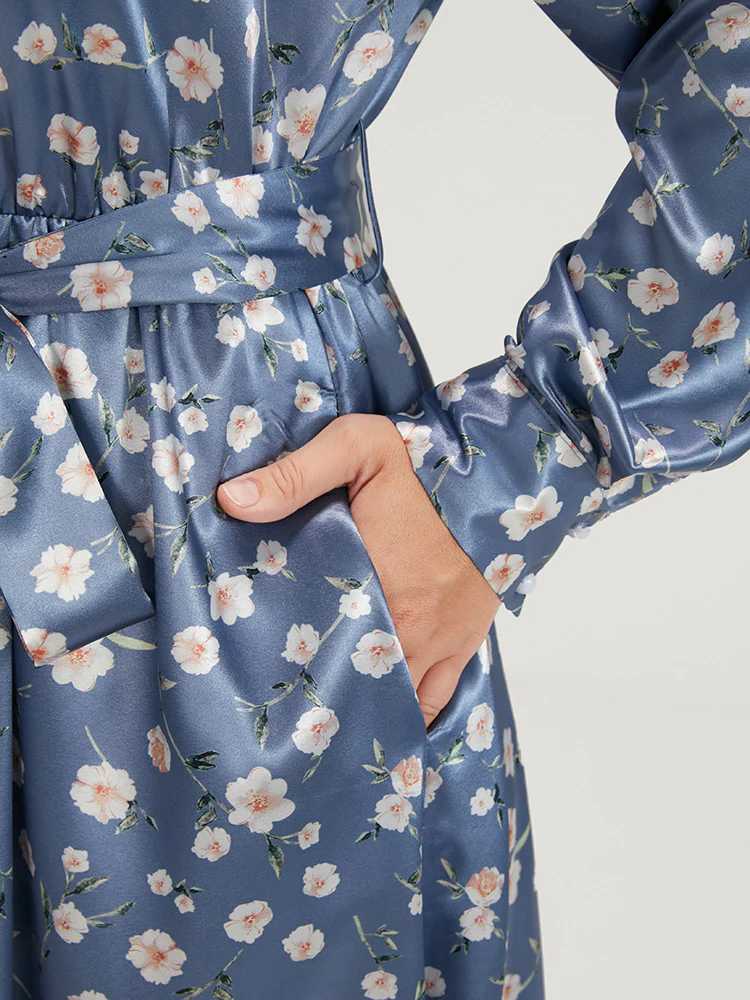 Floral Keyhole Back Pocket Belted Satin Midi Dress - Image 5