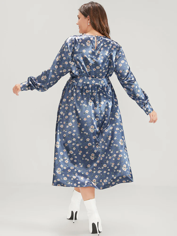 Floral Keyhole Back Pocket Belted Satin Midi Dress - Image 7