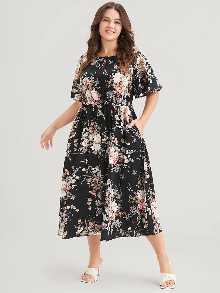 Bloom Dress - Floral Keyhole Round Neck Pocket Ruffles Midi Dress - Image 2