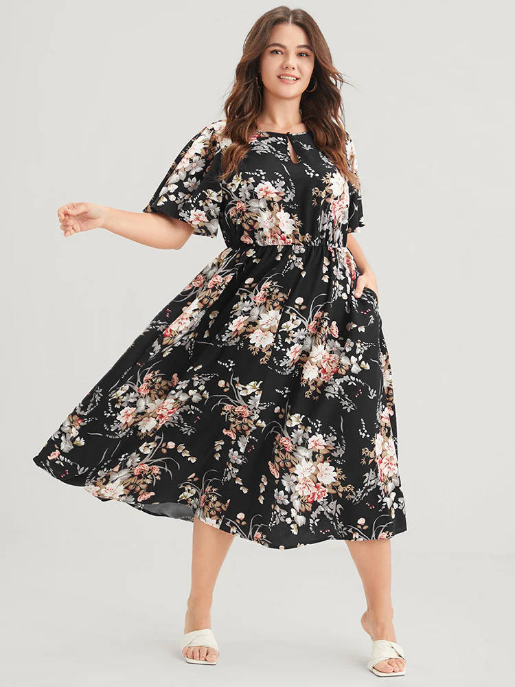 Bloom Dress - Floral Keyhole Round Neck Pocket Ruffles Midi Dress - Image 3