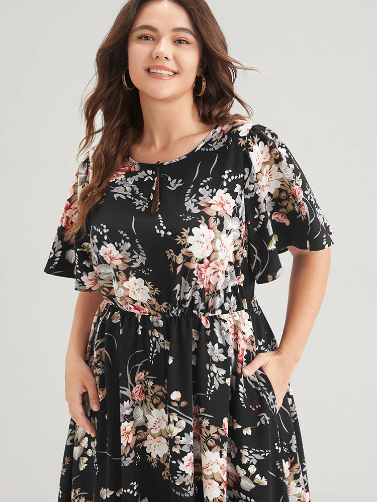 Bloom Dress - Floral Keyhole Round Neck Pocket Ruffles Midi Dress - Image 4