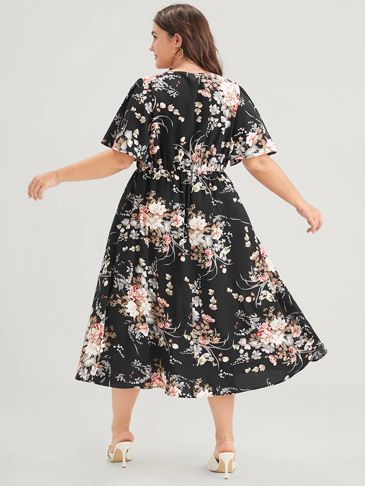 Bloom Dress - Floral Keyhole Round Neck Pocket Ruffles Midi Dress - Image 6