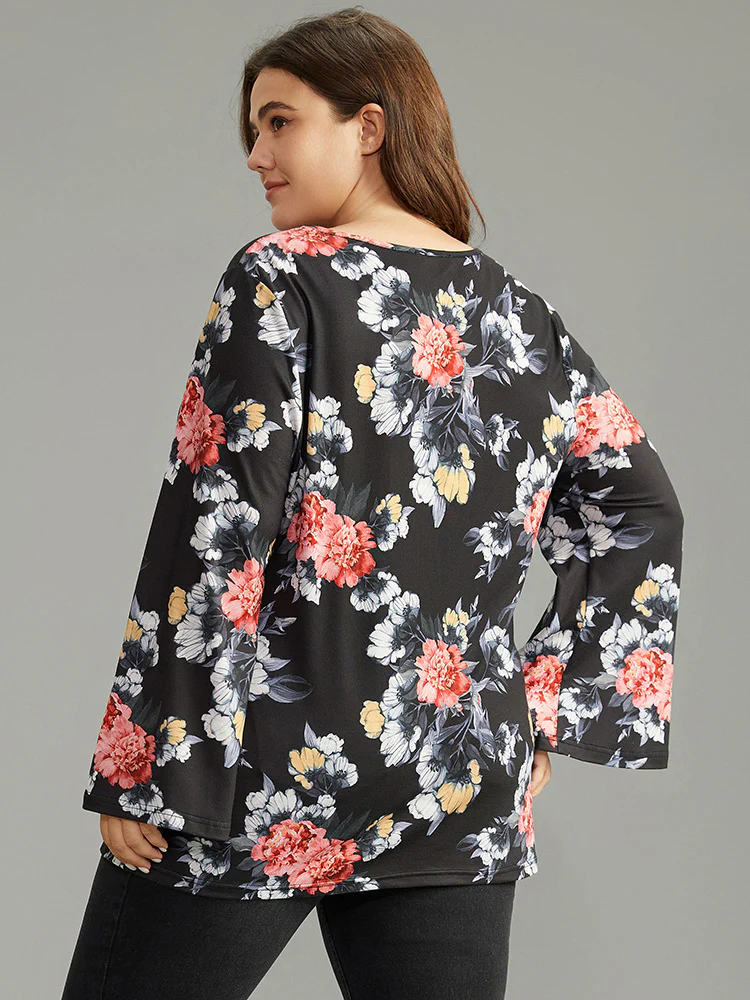 Floral Keyhole Ruffle Sleeve T-shirt - Image 4