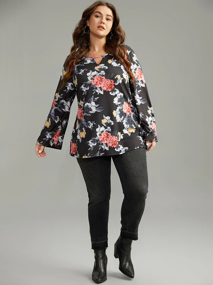 Floral Keyhole Ruffle Sleeve T-shirt - Image 5