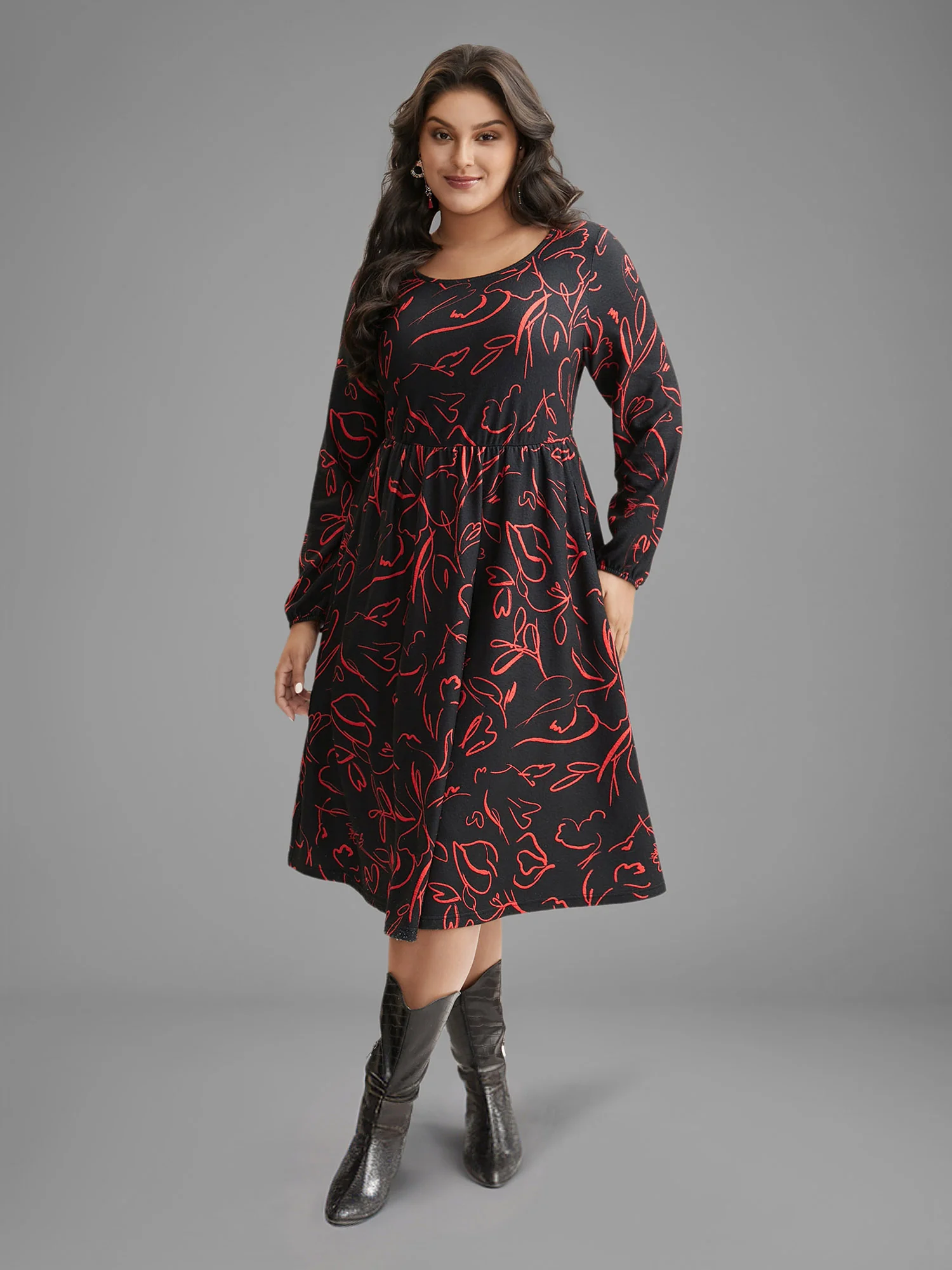 Floral Knit Round Neck Midi Dress - Image 3