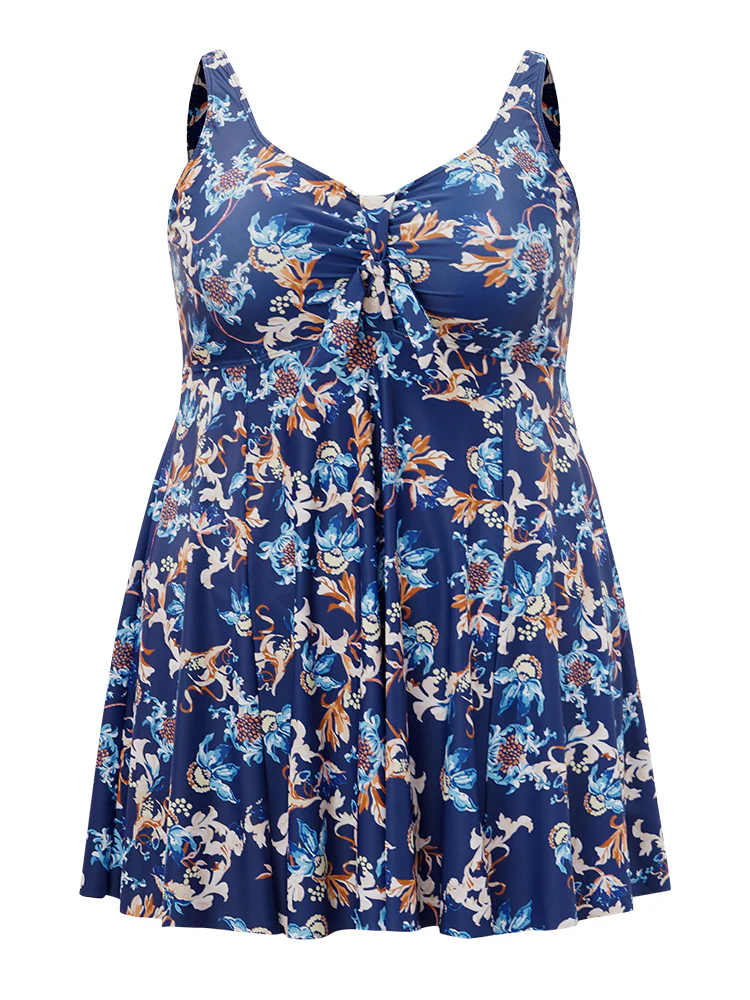 Floral Knot Front Ruched Ruffles Swim Dress - Image 10