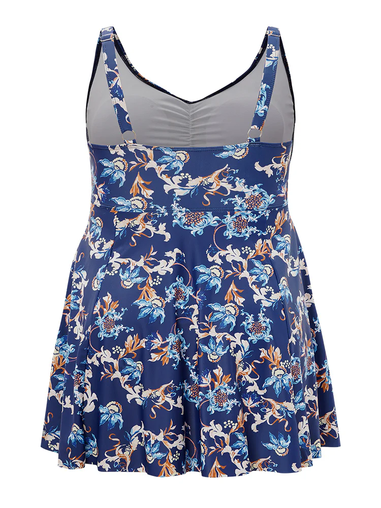 Floral Knot Front Ruched Ruffles Swim Dress - Image 11