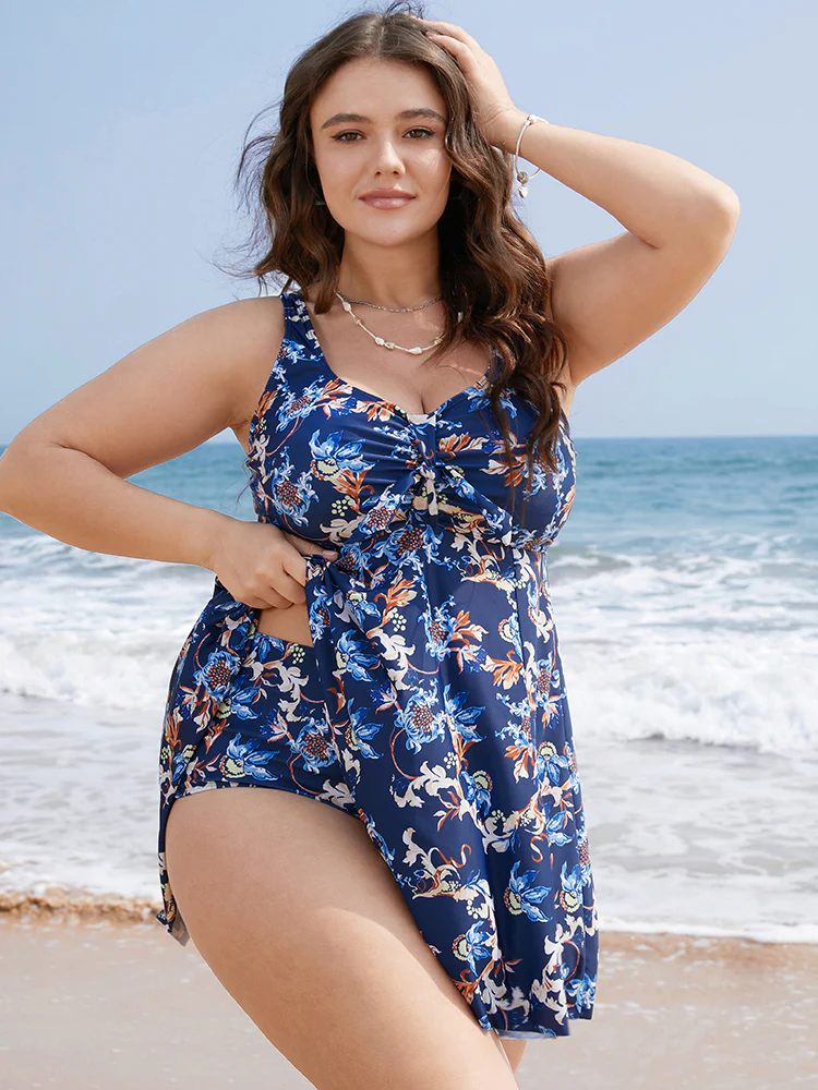 Floral Knot Front Ruched Ruffles Swim Dress - Image 6