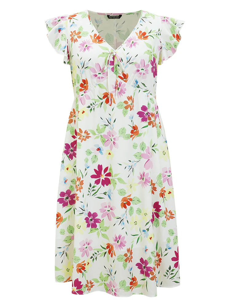Floral Knot Neck Pocket Cap Sleeve Ruffle Trim Dress - Image 10