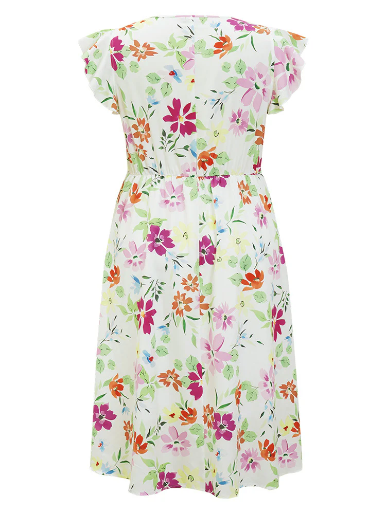 Floral Knot Neck Pocket Cap Sleeve Ruffle Trim Dress - Image 11