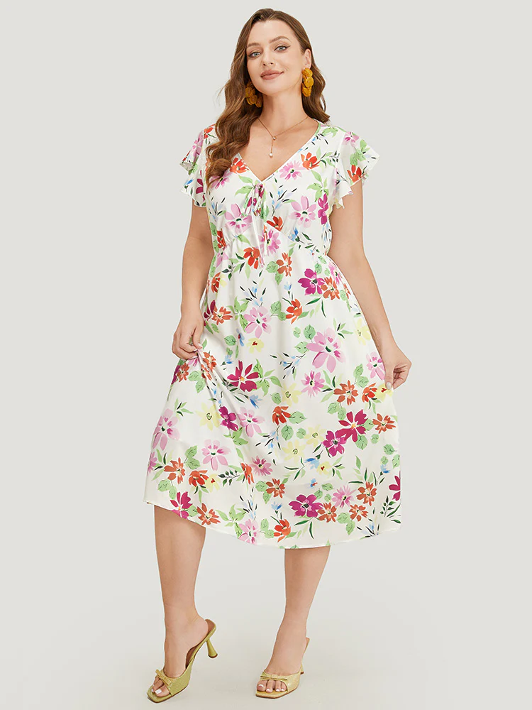 Floral Knot Neck Pocket Cap Sleeve Ruffle Trim Dress - Image 2