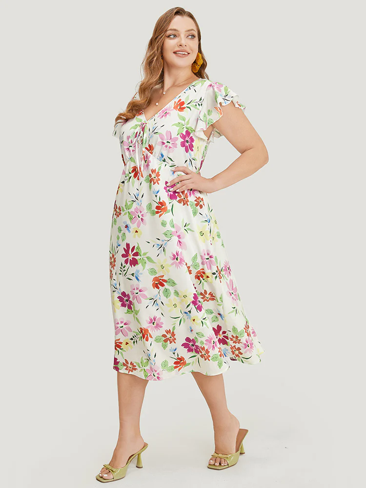 Floral Knot Neck Pocket Cap Sleeve Ruffle Trim Dress - Image 3