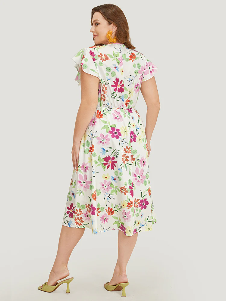 Floral Knot Neck Pocket Cap Sleeve Ruffle Trim Dress - Image 4