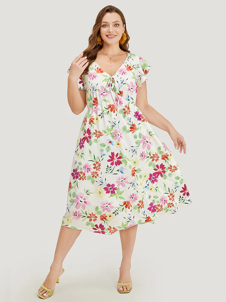 Floral Knot Neck Pocket Cap Sleeve Ruffle Trim Dress - Image 5