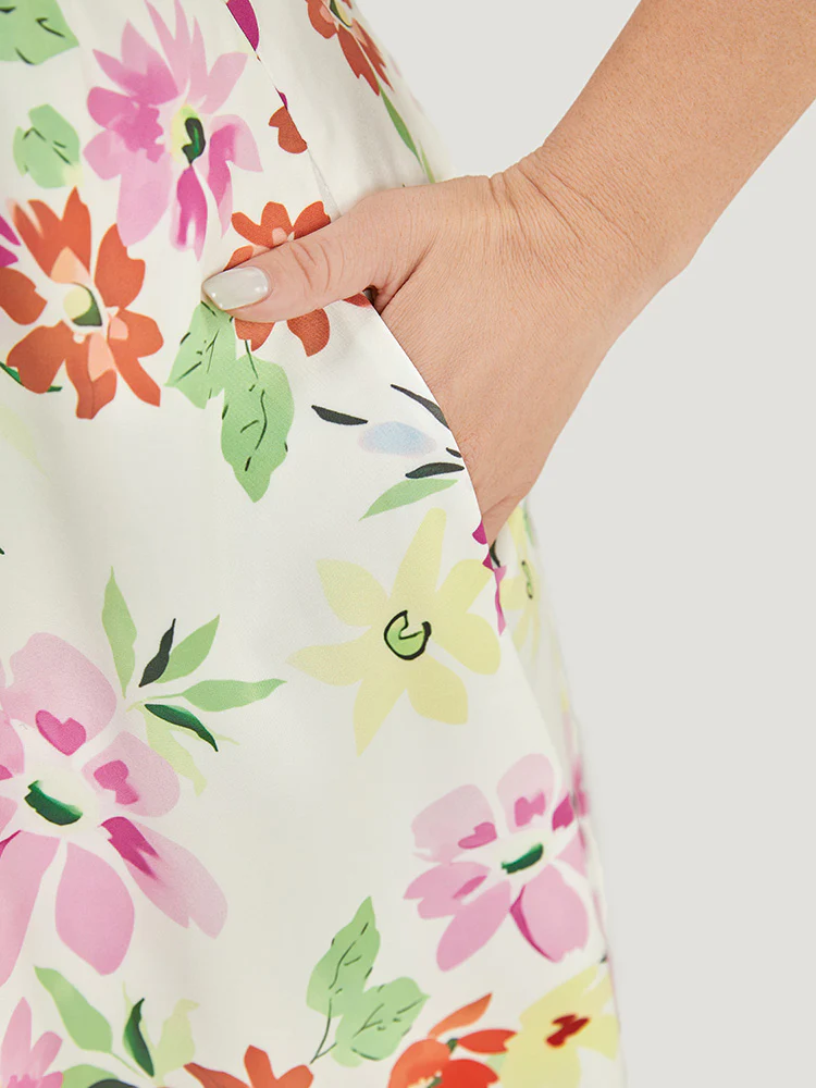 Floral Knot Neck Pocket Cap Sleeve Ruffle Trim Dress - Image 8