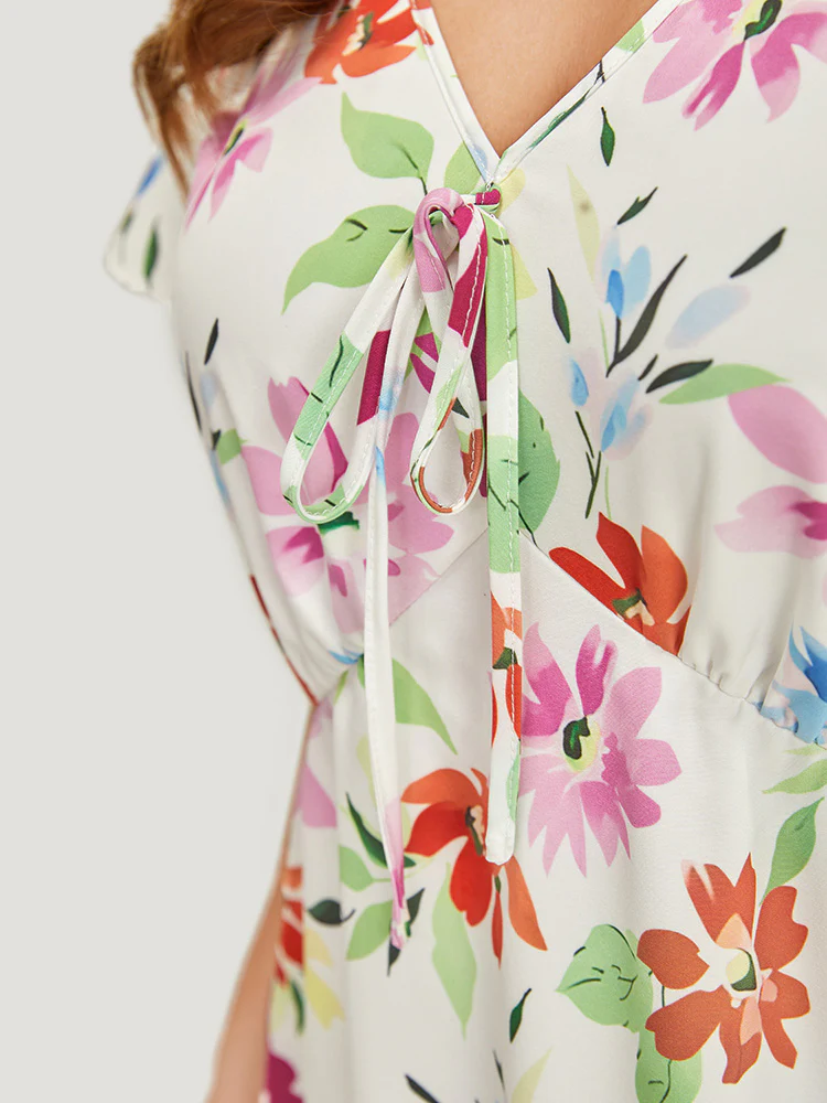 Floral Knot Neck Pocket Cap Sleeve Ruffle Trim Dress - Image 9