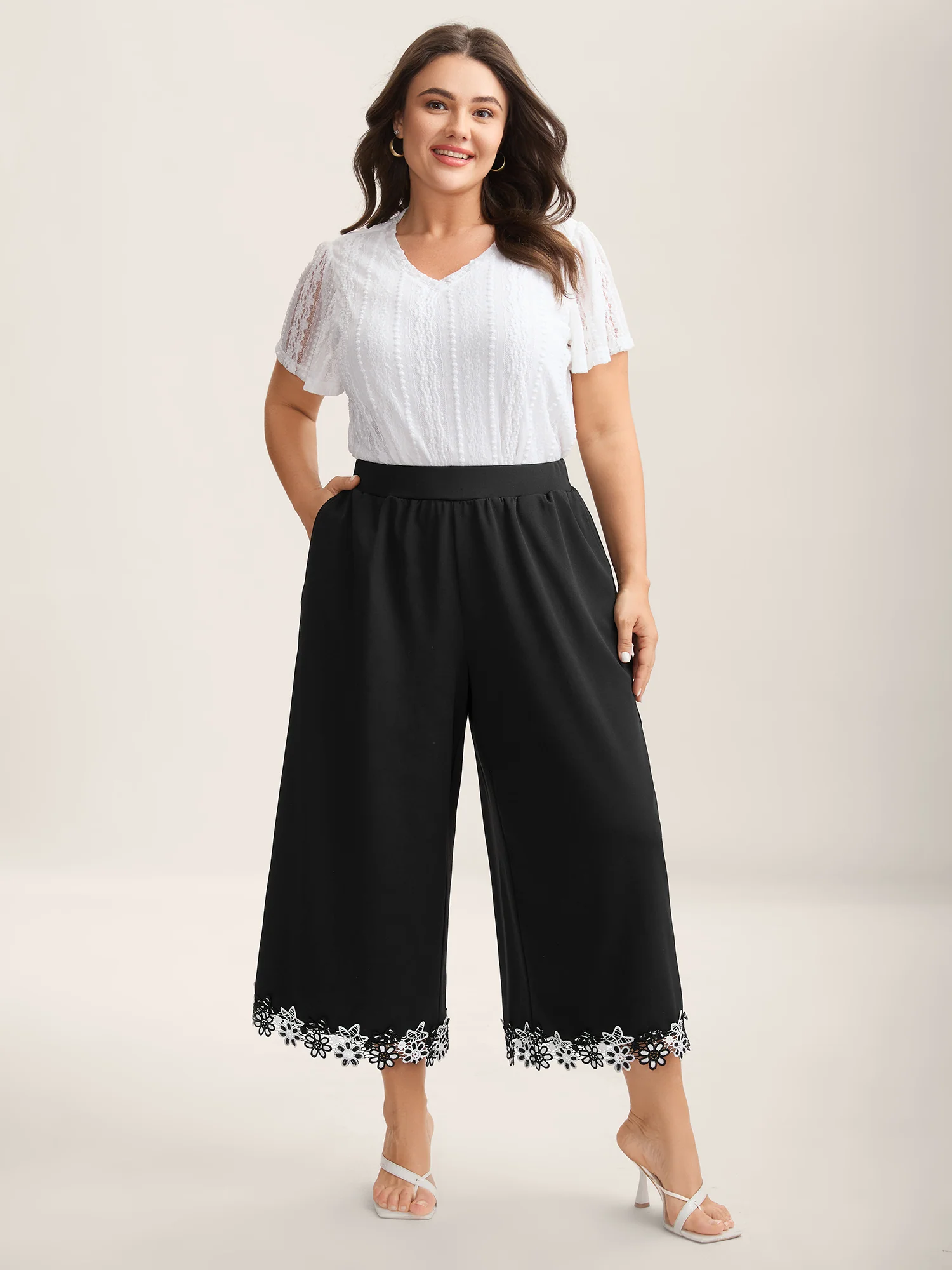 Floral Lace Hem Wide-Leg Pants - Image 2