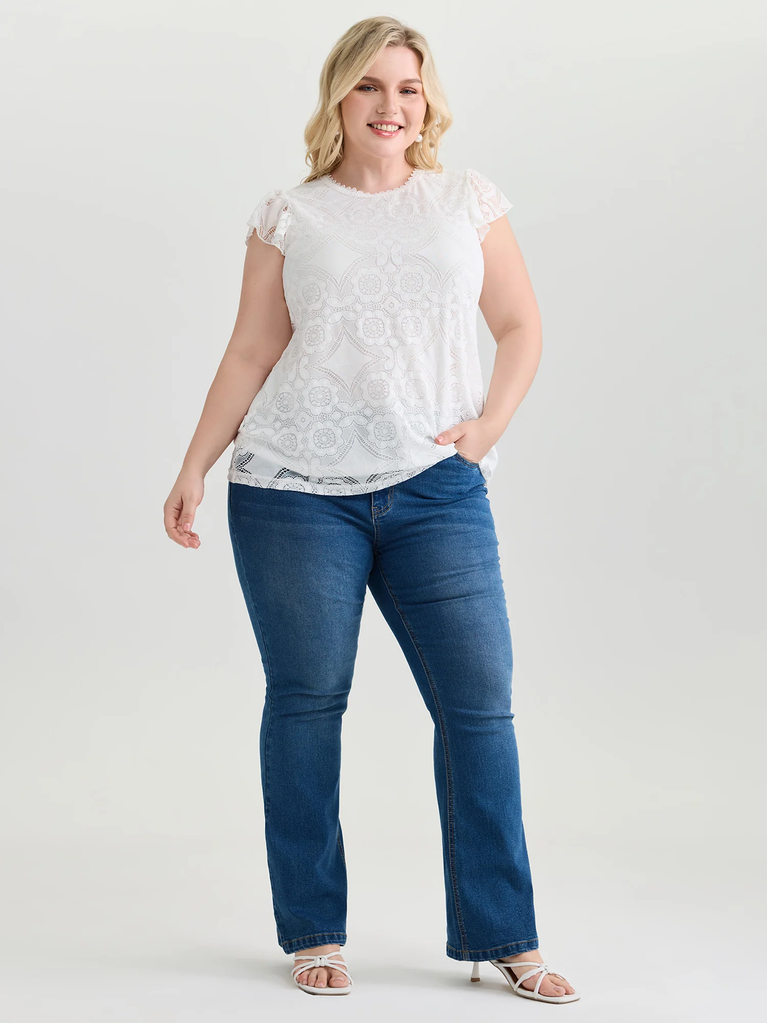 Floral Lace Knit Crew Neck Top - Image 3