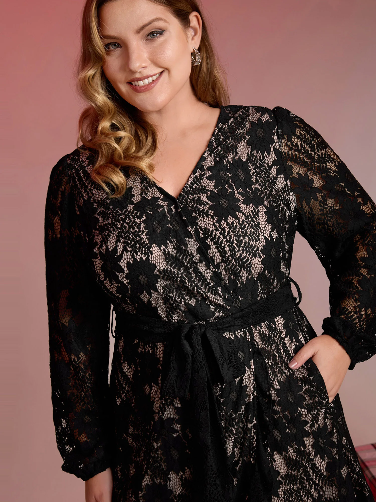 Floral Lace Lined Wrap Belted Midi Dress - Image 2