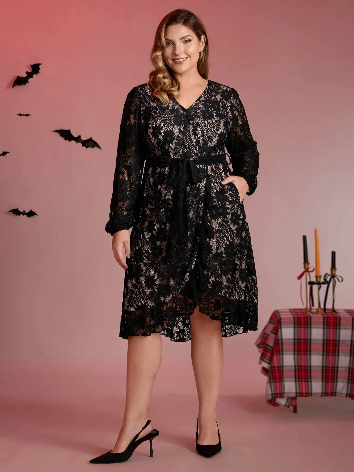 Floral Lace Lined Wrap Belted Midi Dress - Image 3