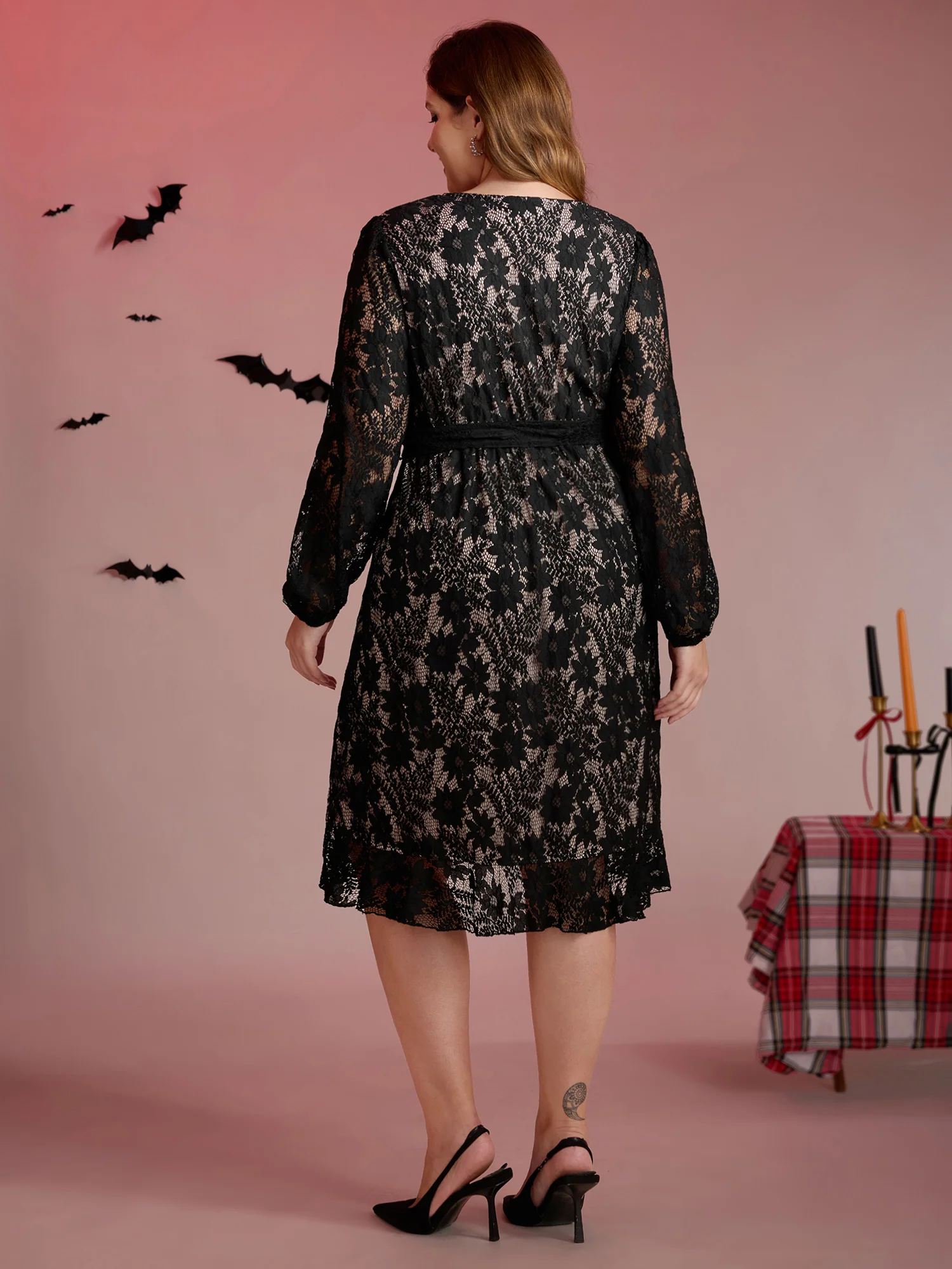 Floral Lace Lined Wrap Belted Midi Dress - Image 4