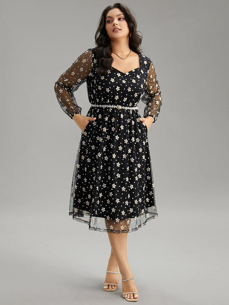 Floral Lace Mesh Pocket Elastic Waist Dress - Image 2