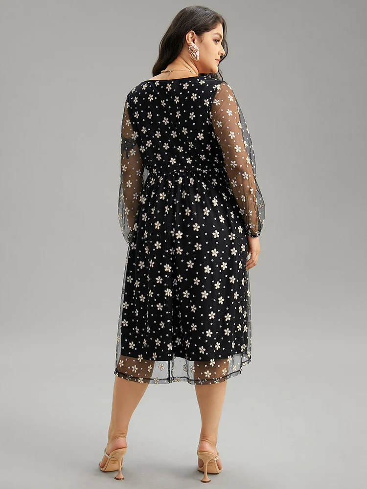 Floral Lace Mesh Pocket Elastic Waist Dress - Image 3